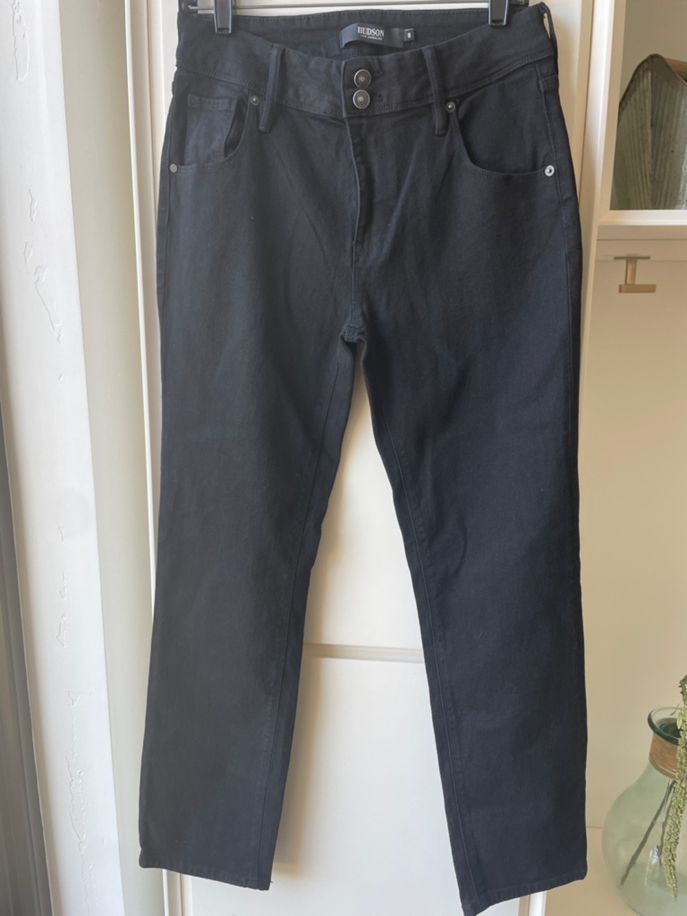 Hudson Jeans Straight Leg in Black.  Embossed Hardware. 2” Wide waistband.